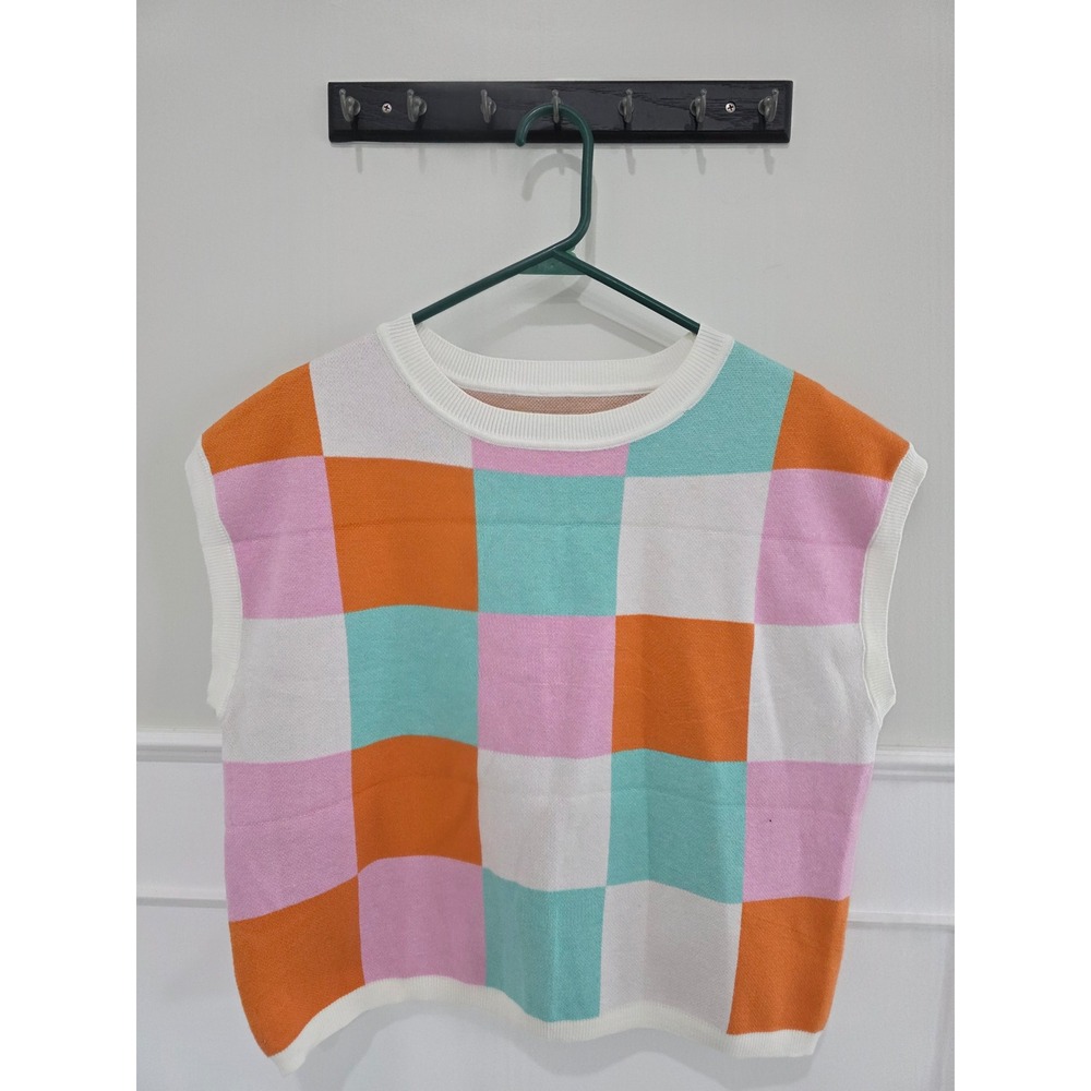 Checkerboard Knit Vest Sweater Tank‎ Top Pastel Color Block Sleeveless M